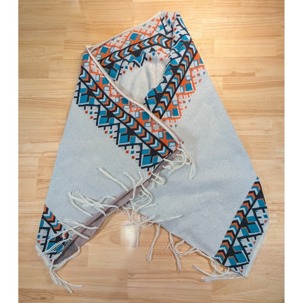 SHEIN Southwestern Geometric Fringe Poncho Wrap Gray Blue Orange OS